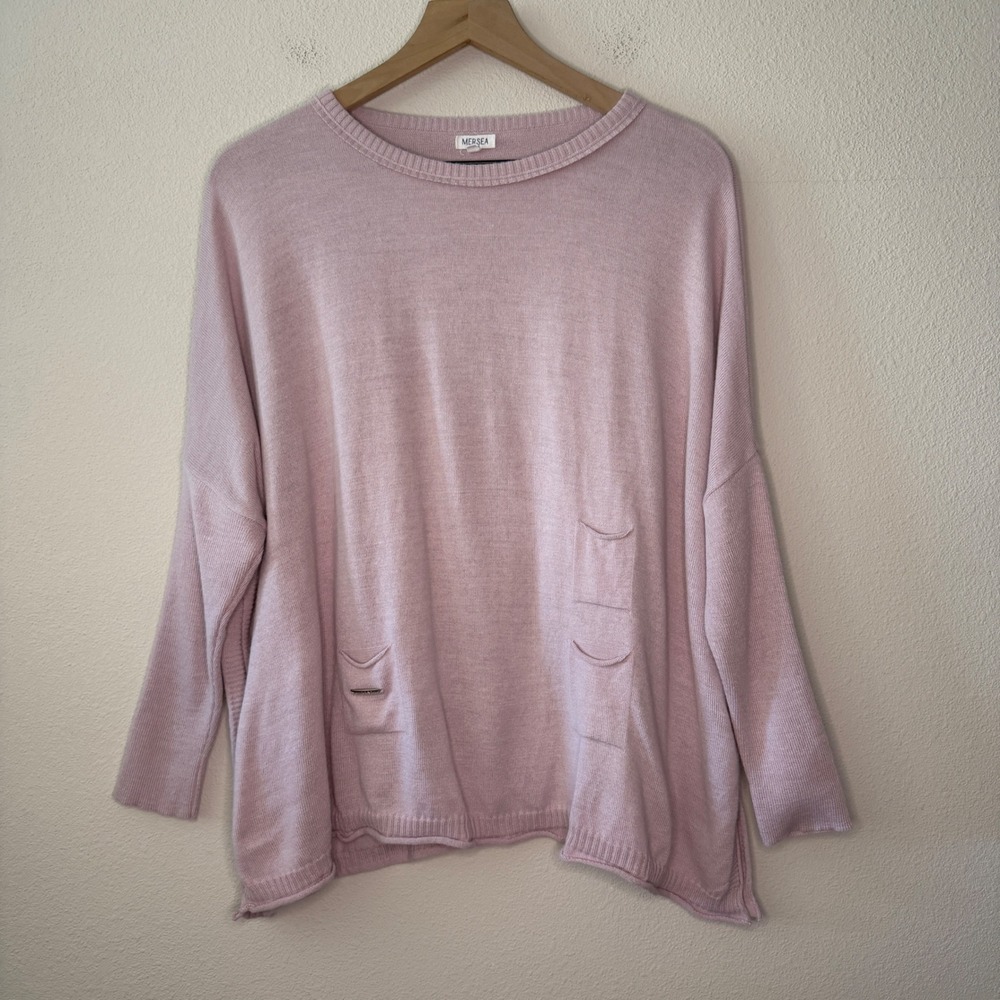 MERSEA Catalina Sweater Size P Pink Oversized Side Slit Pocket Crewneck Knit